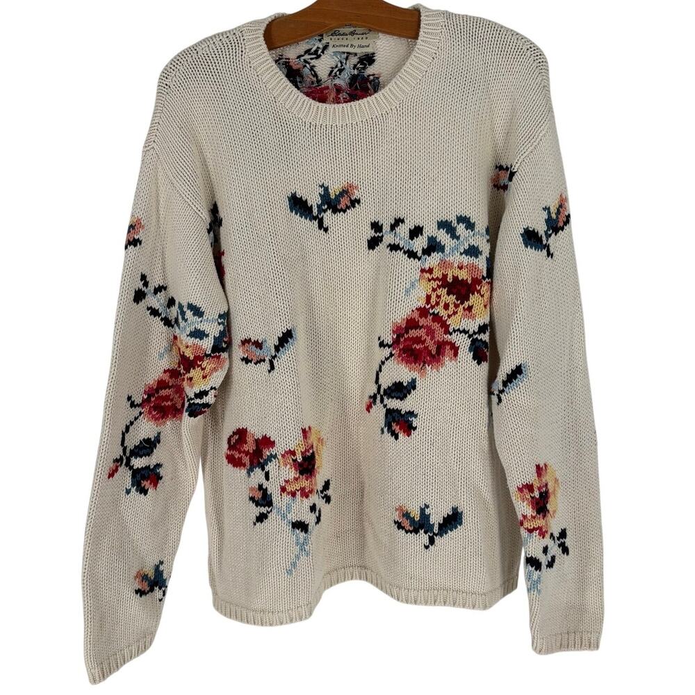 Vintage 90s Eddie Bauer Knitted by Hand Knit Floral Sweater Womens Sz L Cottage
